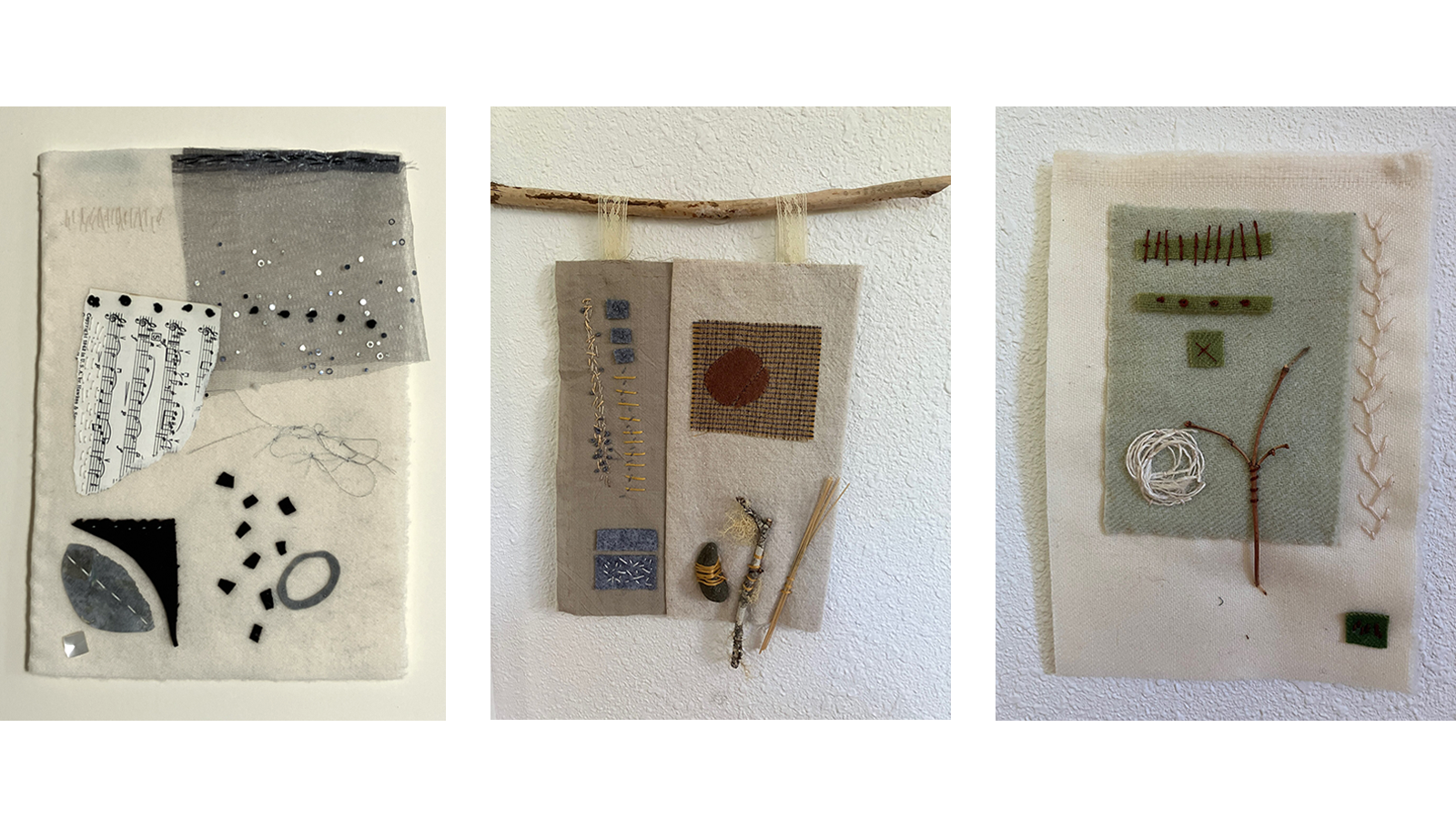 Photo of three different stitching / fiber art collages